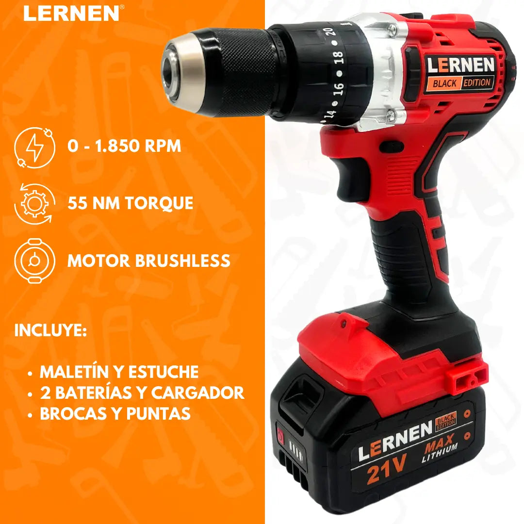 Taladro Percutor Black Edition Brushless LERNEN + Baterías + Bolso + Accesorios Lernen