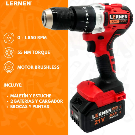 Taladro Percutor Black Edition Brushless LERNEN + Baterías + Bolso + Accesorios Lernen