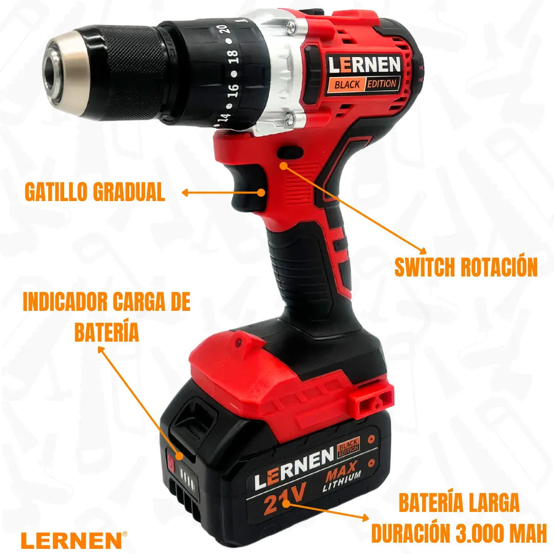 Taladro Percutor Black Edition Brushless LERNEN + Baterías + Bolso + Accesorios Lernen
