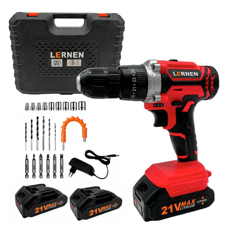 Taladro Percutor Destornillador Inalámbrico 21v LERNEN + 2 baterías + Acc + Maleta Lernen