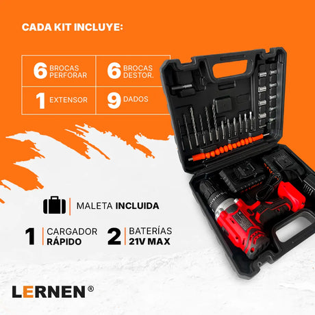 Taladro Percutor Destornillador Inalámbrico 21v LERNEN + 2 baterías + Acc + Maleta Lernen