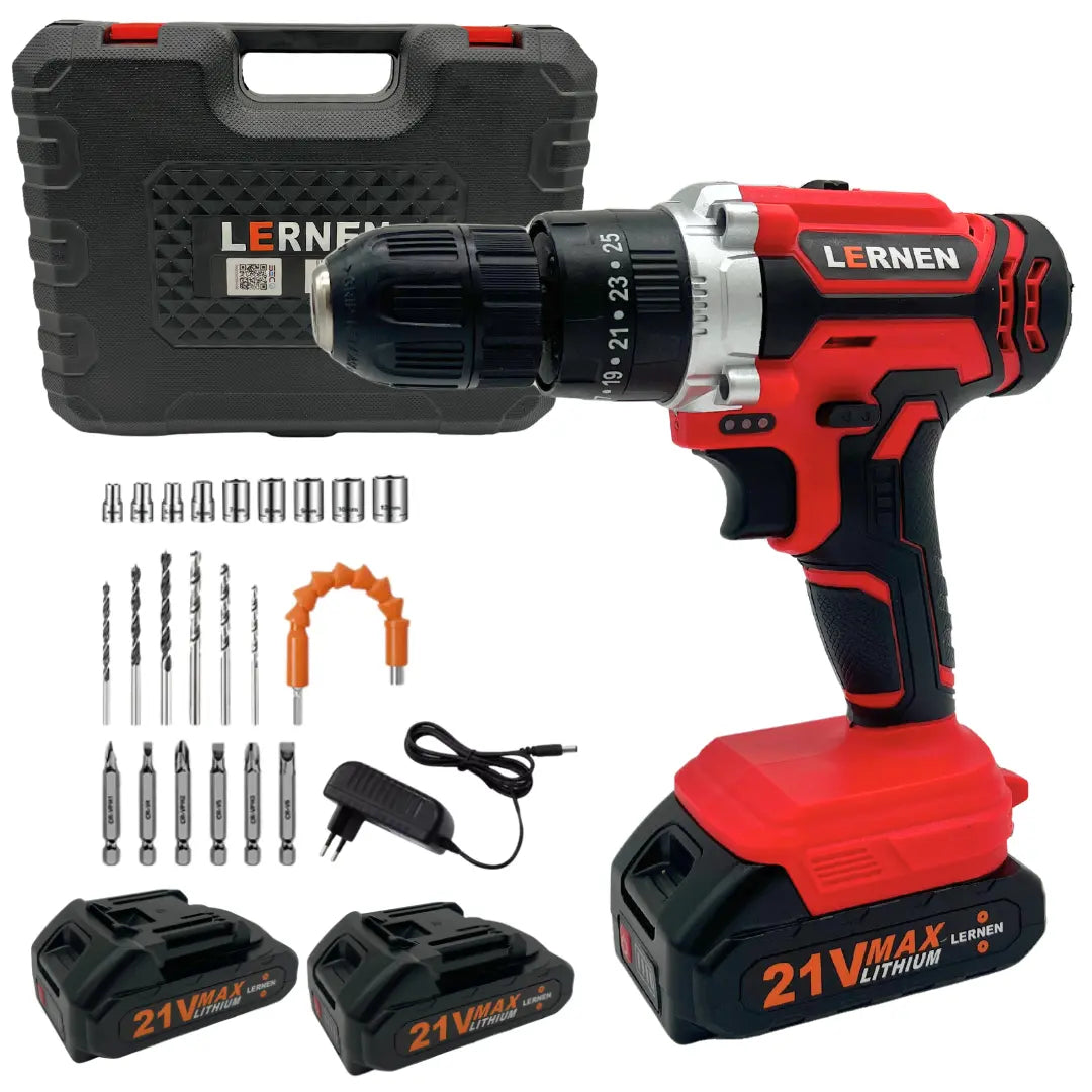 Taladro Percutor Destornillador Inalámbrico 21v LERNEN + 2 baterías + Acc + Maleta