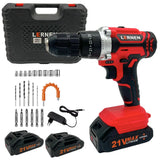 Taladro Percutor Destornillador Inalámbrico 21v LERNEN + 2 baterías + Acc + Maleta