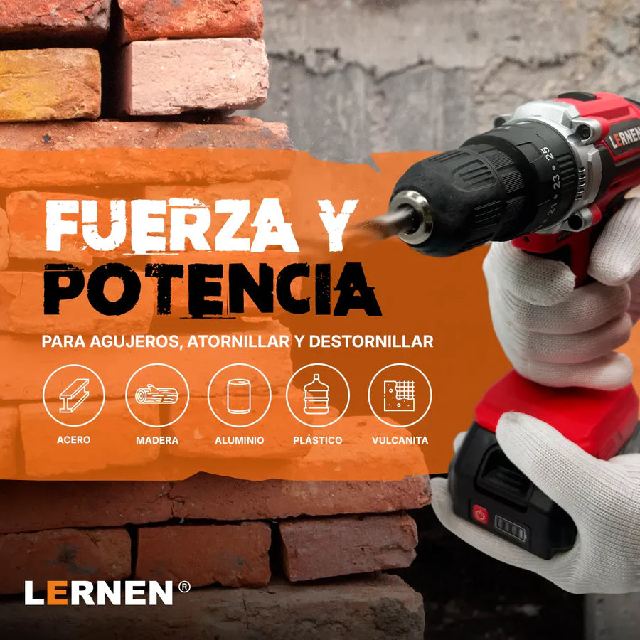 Pack Taladro Lernen Percutor Inalámbrico 2 Baterías + Set de 150 Herramientas