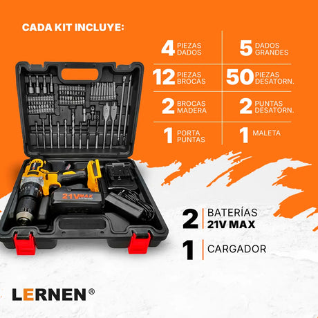 Taladro Percutor Pro Inalámbrico LERNEN + 2 Baterías + Accesorios Lernen
