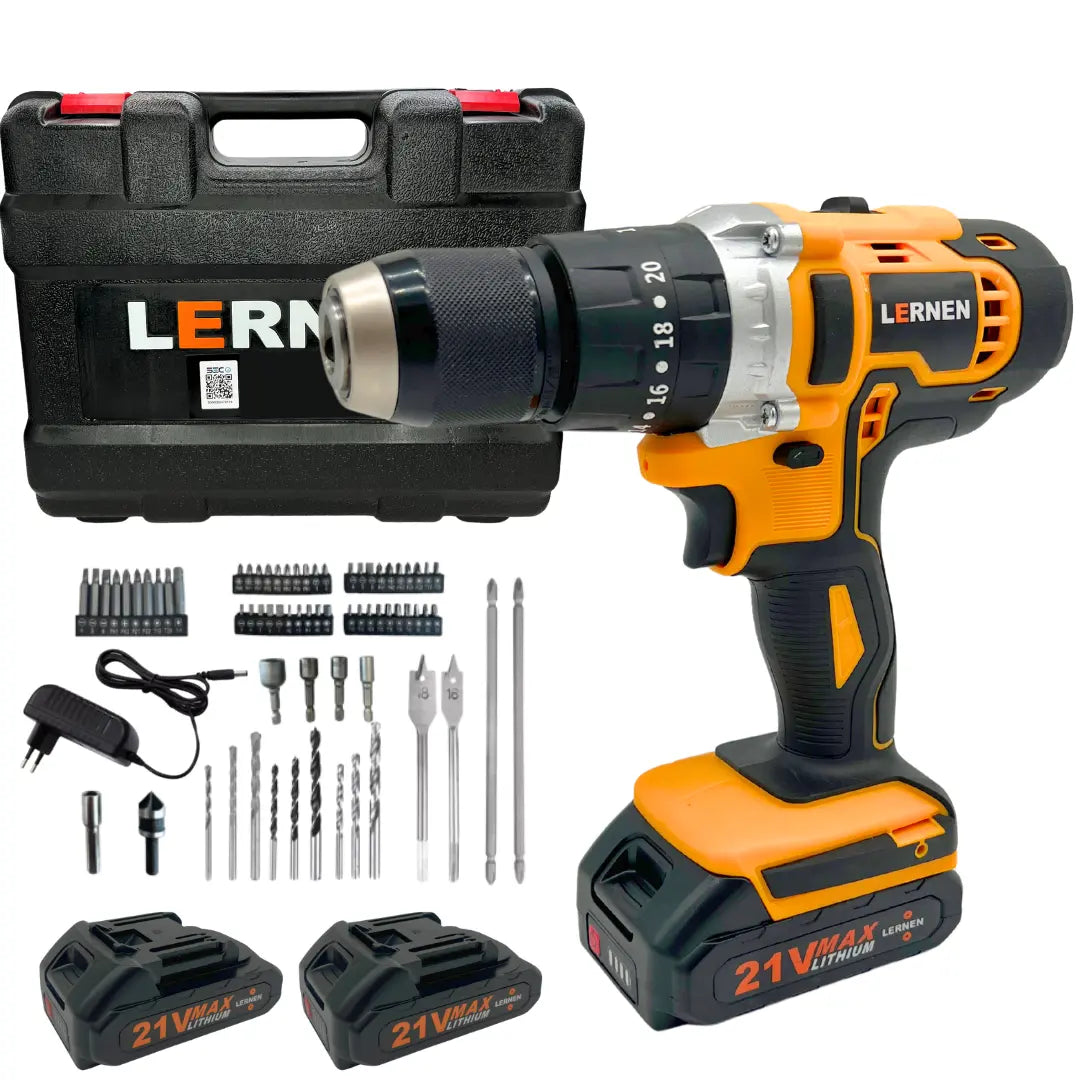 Taladro Percutor Pro Inalámbrico LERNEN + 2 Baterías + Accesorios