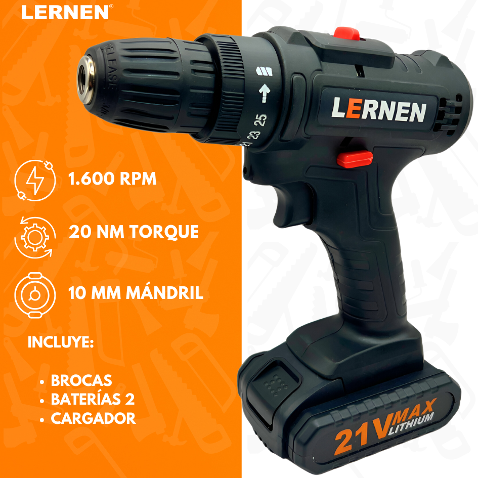 Taladro Destornillador Inalámbrico LERNEN + 2 Baterías + Acc