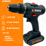 Taladro Destornillador Inalámbrico LERNEN + 2 Baterías + Acc