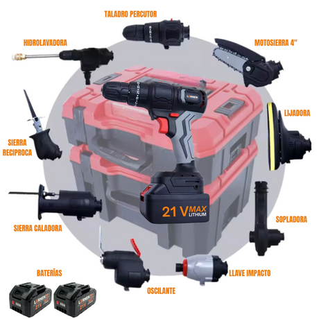 Combo Taladro + Herramientas Eléctricas 10 En 1 LERNEN + Maletín + 2 Baterías