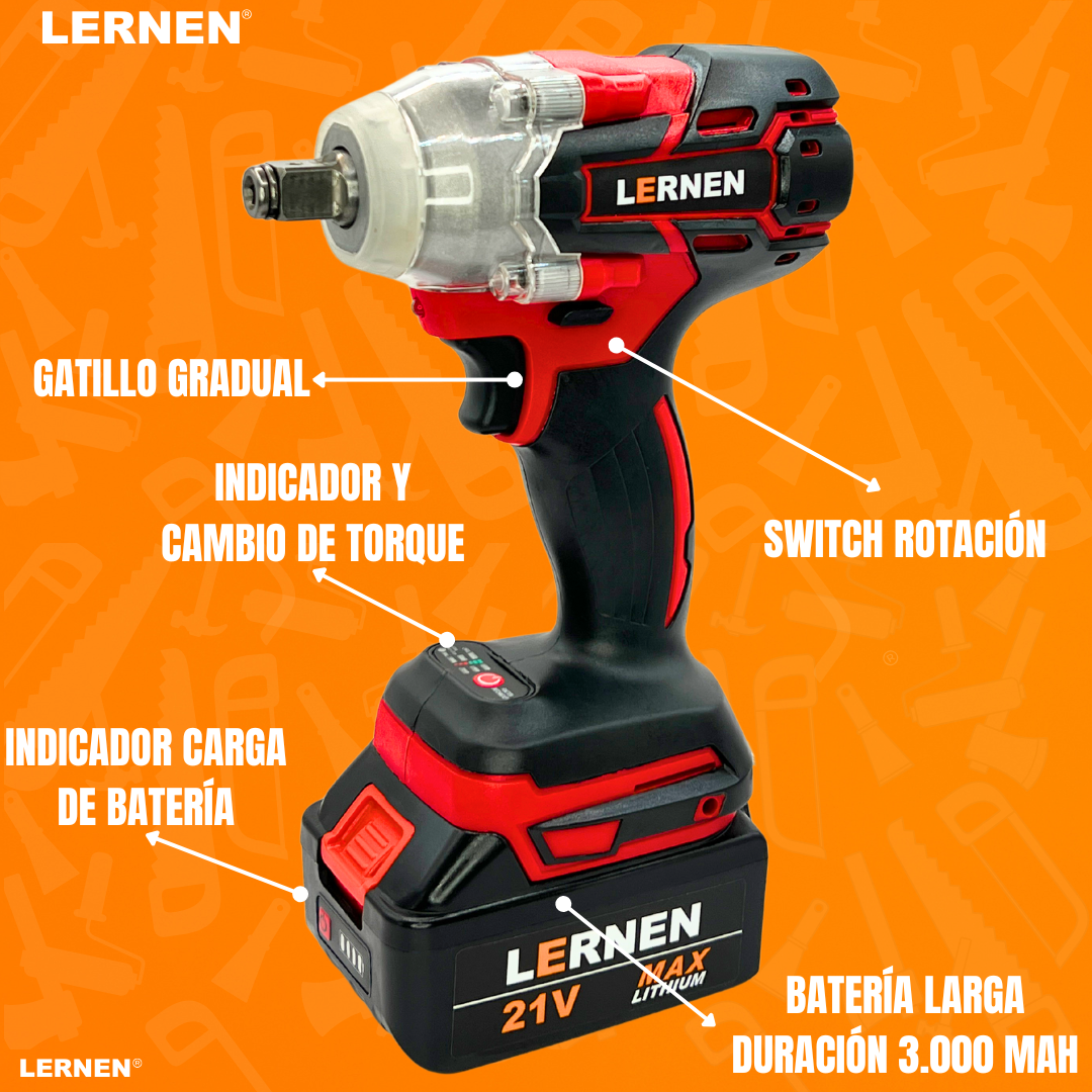 Llave De Impacto 1/2 LERNEN + 2 Baterías + Accesorios